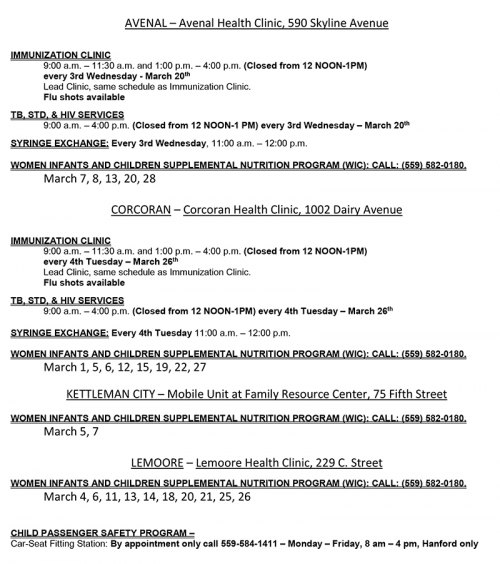 Kings County Health Department releases March Clinic Schedules. Reminds residents to get flu shots